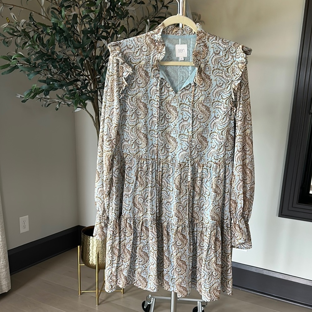 SEN Elegant Blue and Brown Long Sleeve Dress